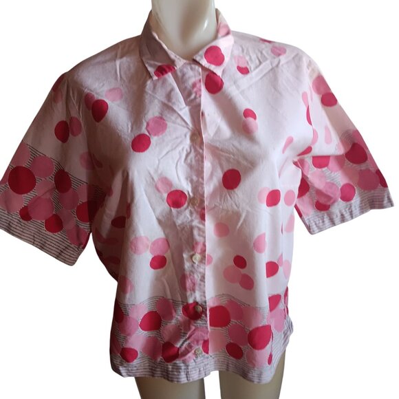 Women's Large Vintage Blouse 50's Atomic Pink Polka Dot Button Top Sanforized - Picture 1 of 9